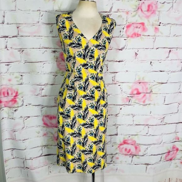 J Crew Silk Yellow and Blue Floral Sleeveless V-neck Midi Dress - Size 00 - Picture 3 of 13